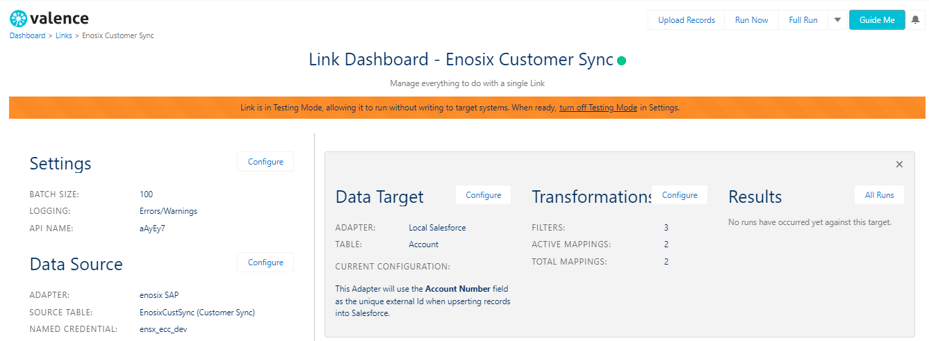 Link dashboard showing data target selected as account number