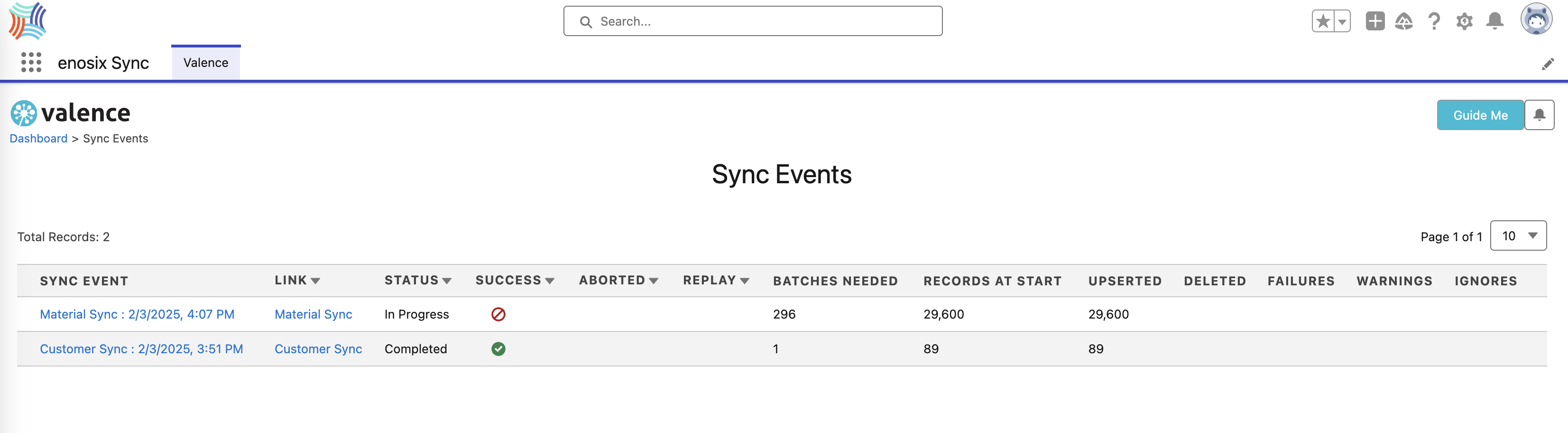 Sync Events List